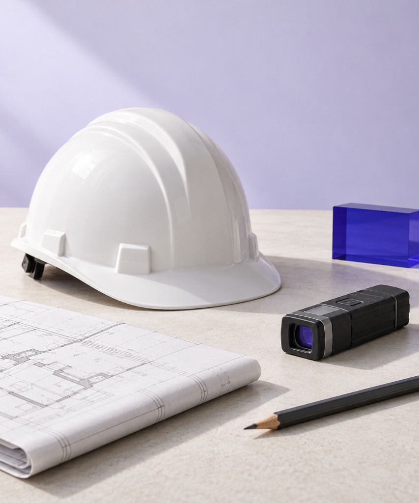 کلاه ایمنی، متر لیزری و نقشه کارگاه