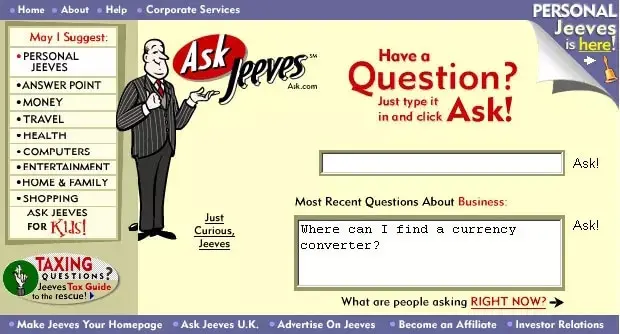 صفحه اصلی موتور جستجوی قدیمی Ask Jeeves به عنوان پیش‌زمینه‌ای برای پیدایش سیستم‌های پرسش و پاسخ RAG